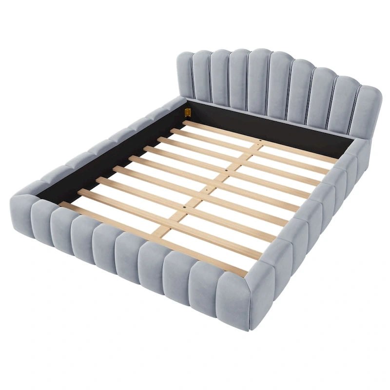 Cadre de lit Queen en velours avec tête de lit en forme de coquille pour chambre à coucher, sommier tapissier non requis, beige
