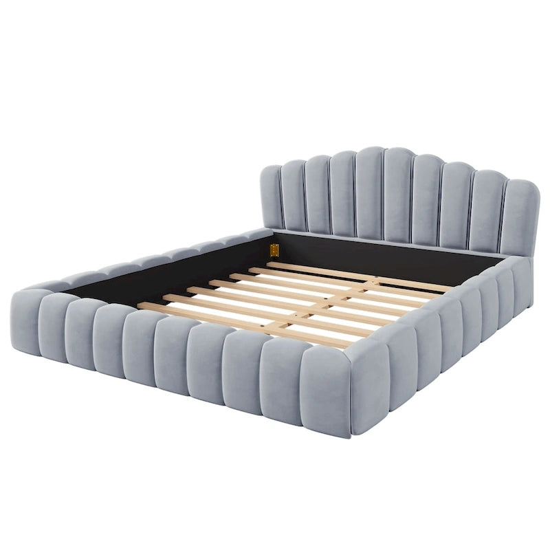 Cadre de lit Queen en velours avec tête de lit en forme de coquille pour chambre à coucher, sommier tapissier non requis, beige
