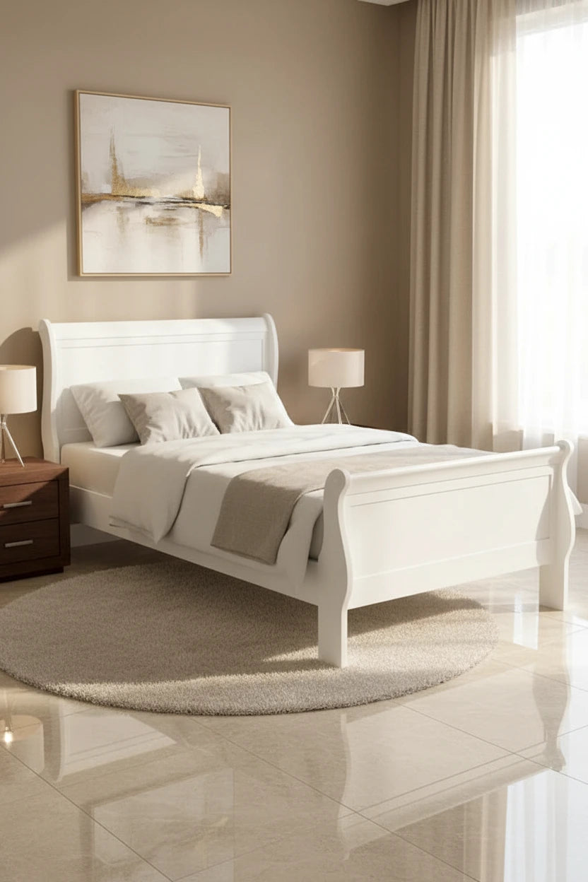 Vele Twin Size Bed with Panel Headboard, Sleigh Design, White Wood Finish