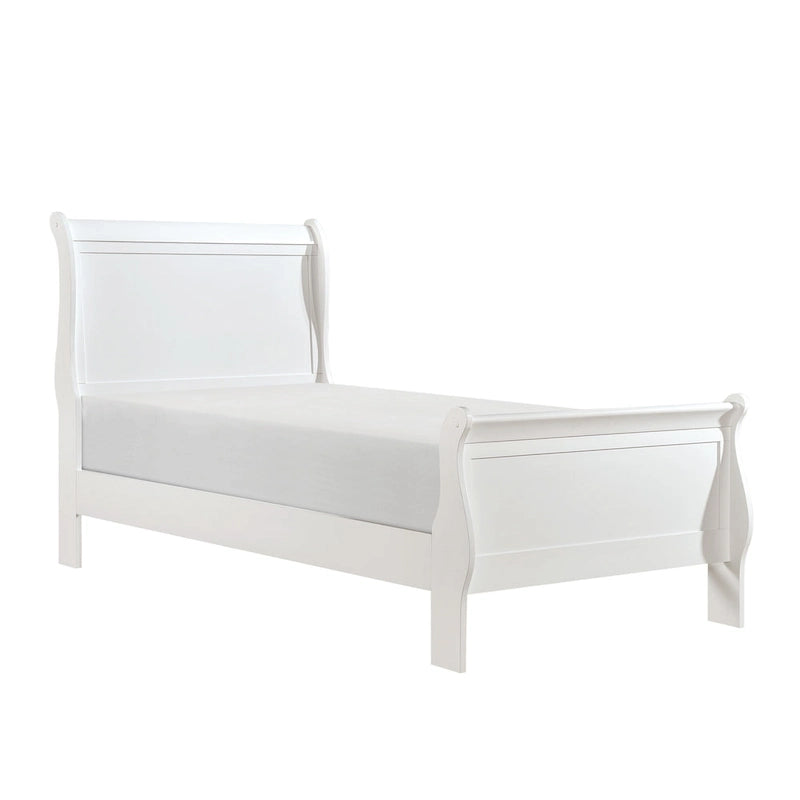 Lit jumeau avec tête de lit à panneaux, design luge, finition bois blanc