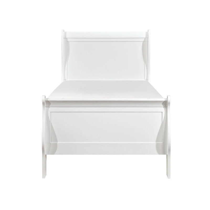 Lit jumeau avec tête de lit à panneaux, design luge, finition bois blanc