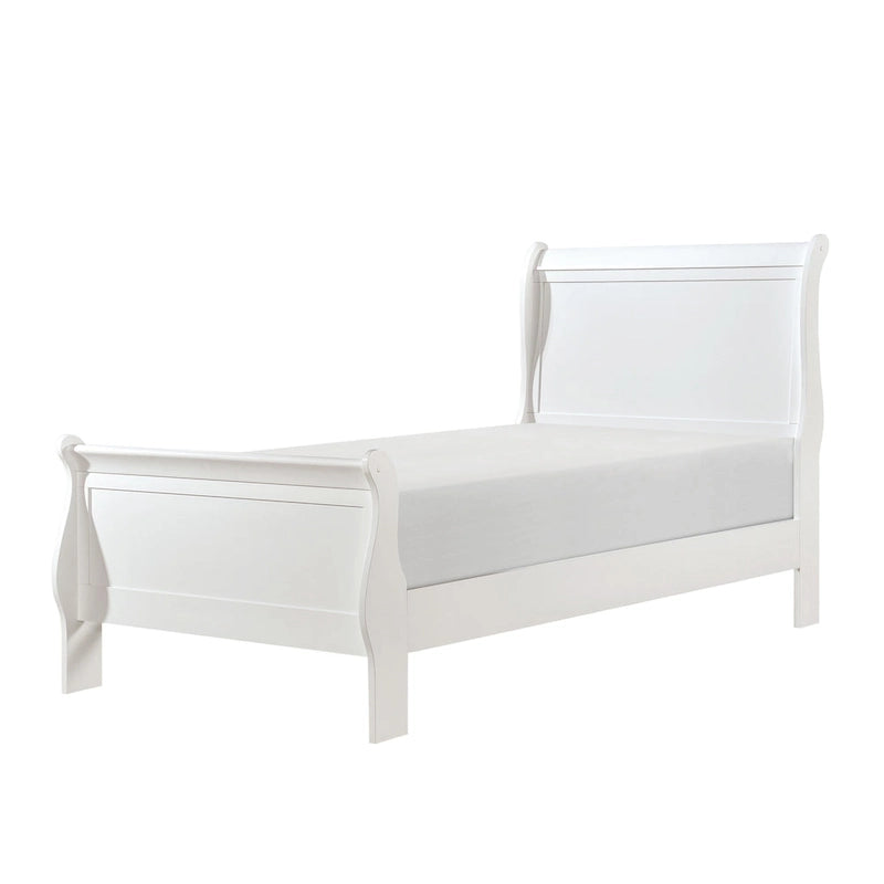 Lit jumeau avec tête de lit à panneaux, design luge, finition bois blanc
