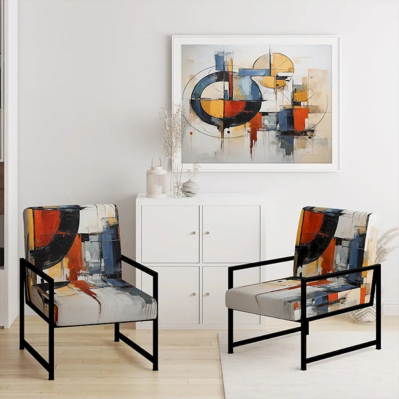 Chaise d'appoint rembourrée mi-siècle et fauteuil moderne mi-siècle, fusion abstraite mi-siècle colorée
