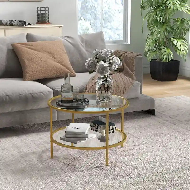 Table d'appoint avec rangement, table d'appoint ronde de 66 cm, table basse à 2 niveaux en verre trempé avec cadre en acier pour le salon