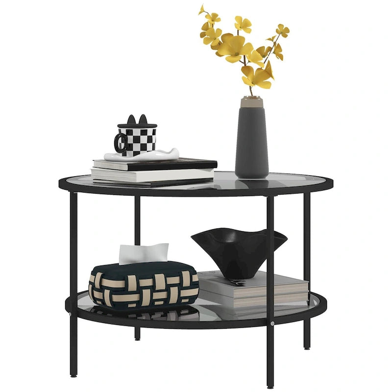 Table d'appoint avec rangement, table d'appoint ronde de 66 cm, table basse à 2 niveaux en verre trempé avec cadre en acier pour le salon