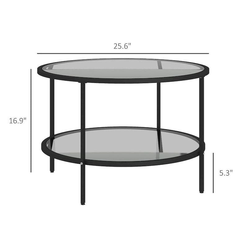 Table d'appoint avec rangement, table d'appoint ronde de 66 cm, table basse à 2 niveaux en verre trempé avec cadre en acier pour le salon