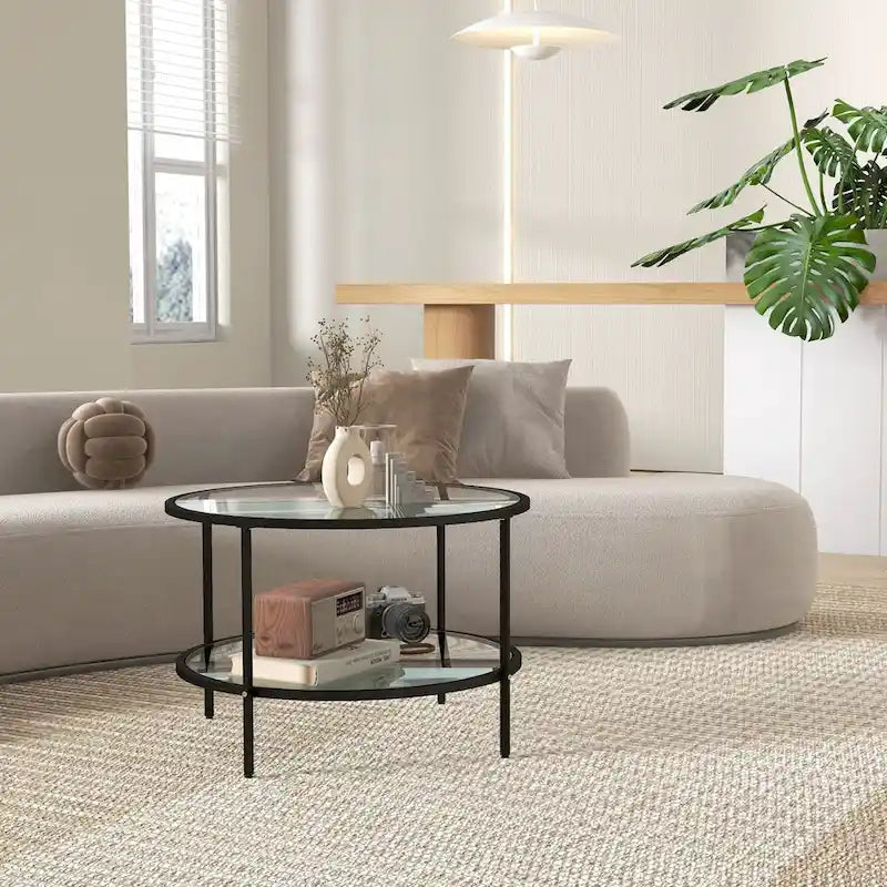 Table d'appoint avec rangement, table d'appoint ronde de 66 cm, table basse à 2 niveaux en verre trempé avec cadre en acier pour le salon
