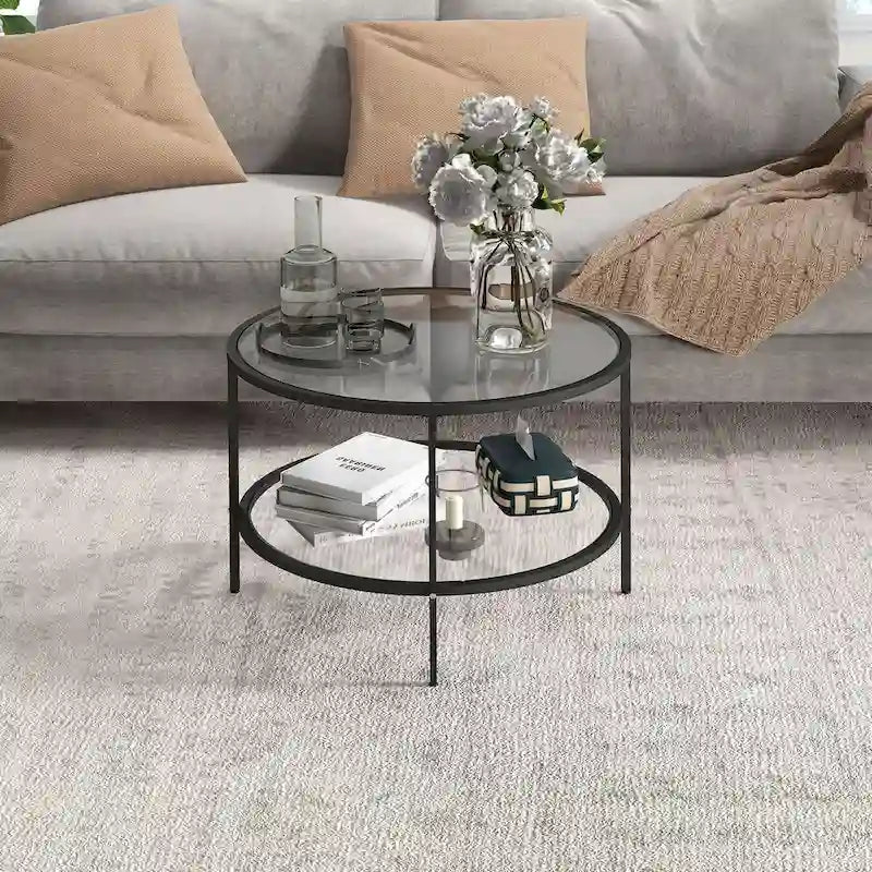 Table d'appoint avec rangement, table d'appoint ronde de 66 cm, table basse à 2 niveaux en verre trempé avec cadre en acier pour le salon