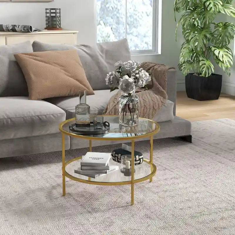 Table d'appoint avec rangement, table d'appoint ronde de 66 cm, table basse à 2 niveaux en verre trempé avec cadre en acier pour le salon