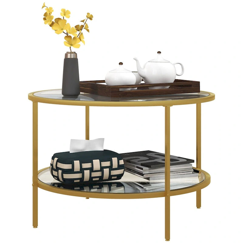 Table d'appoint avec rangement, table d'appoint ronde de 66 cm, table basse à 2 niveaux en verre trempé avec cadre en acier pour le salon
