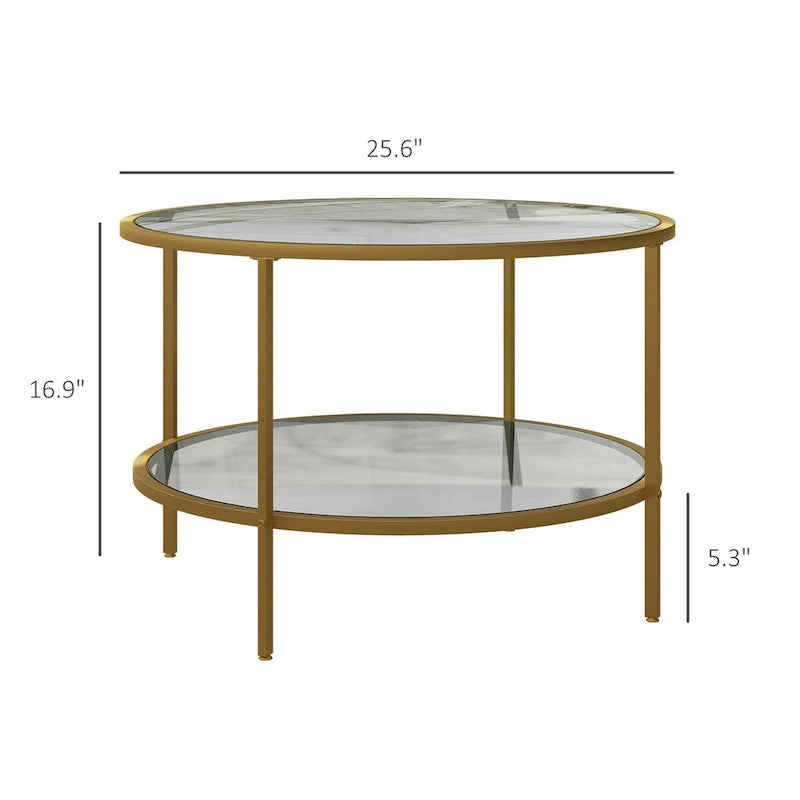 Table d'appoint avec rangement, table d'appoint ronde de 66 cm, table basse à 2 niveaux en verre trempé avec cadre en acier pour le salon