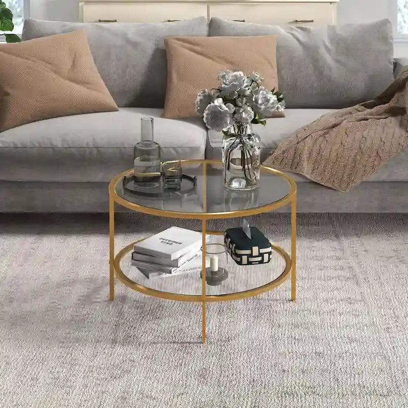 Table d'appoint avec rangement, table d'appoint ronde de 66 cm, table basse à 2 niveaux en verre trempé avec cadre en acier pour le salon