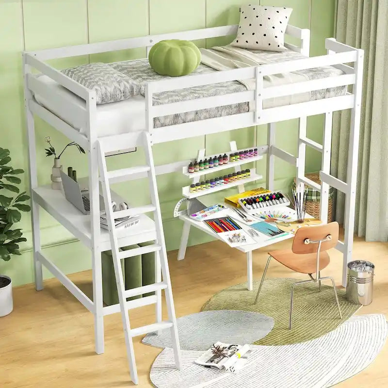 Lit mezzanine simple avec bureau et étagère, 2 échelles et garde-corps pour