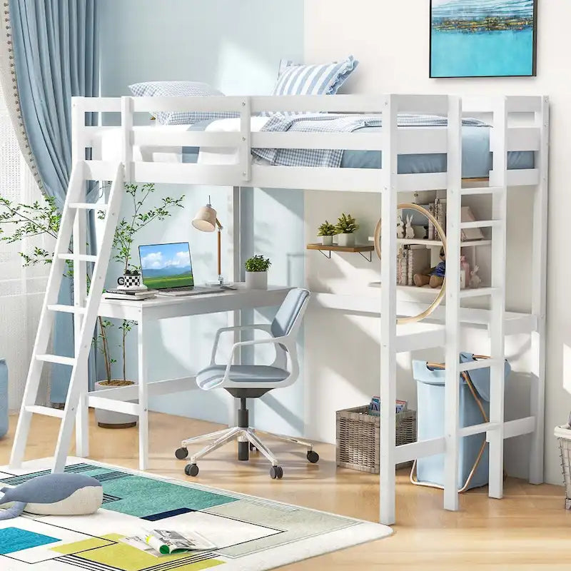 Lit mezzanine simple avec bureau et étagère, 2 échelles et garde-corps pour