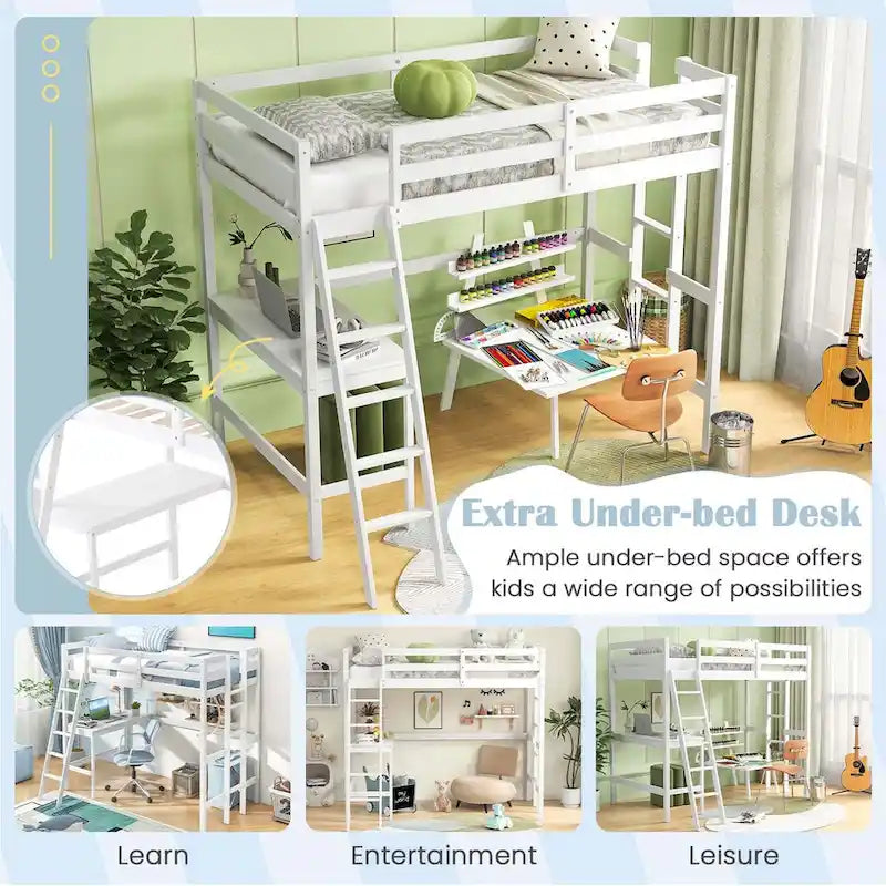 Lit mezzanine simple avec bureau et étagère, 2 échelles et garde-corps pour