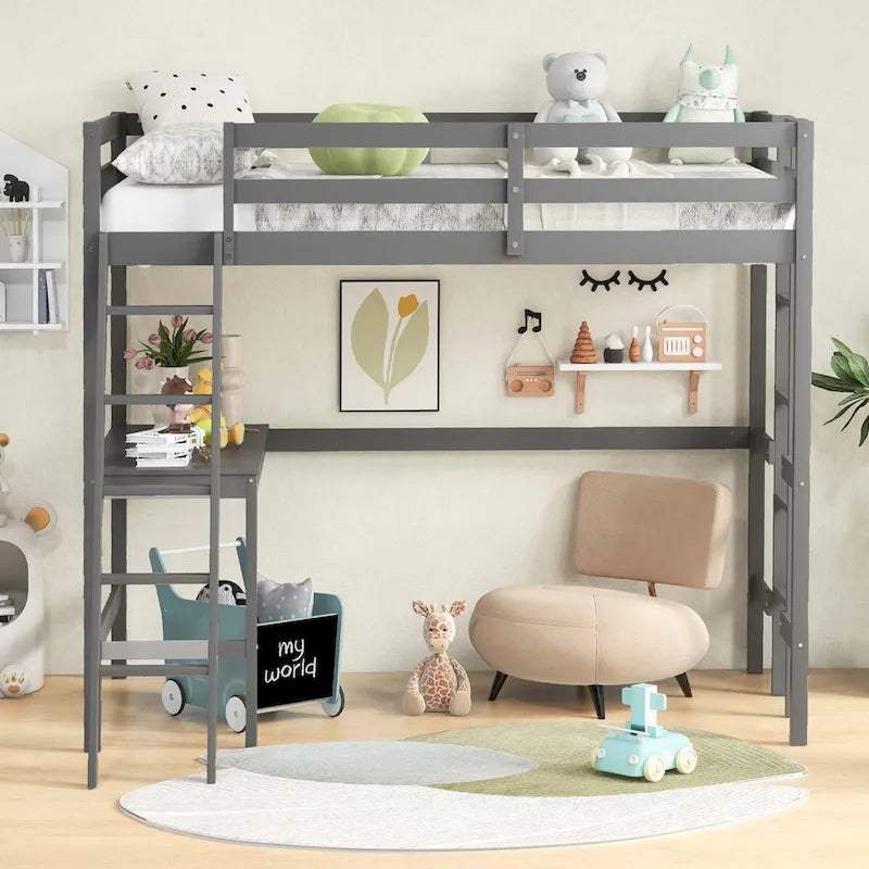 Lit mezzanine simple avec bureau et étagère, 2 échelles et garde-corps pour