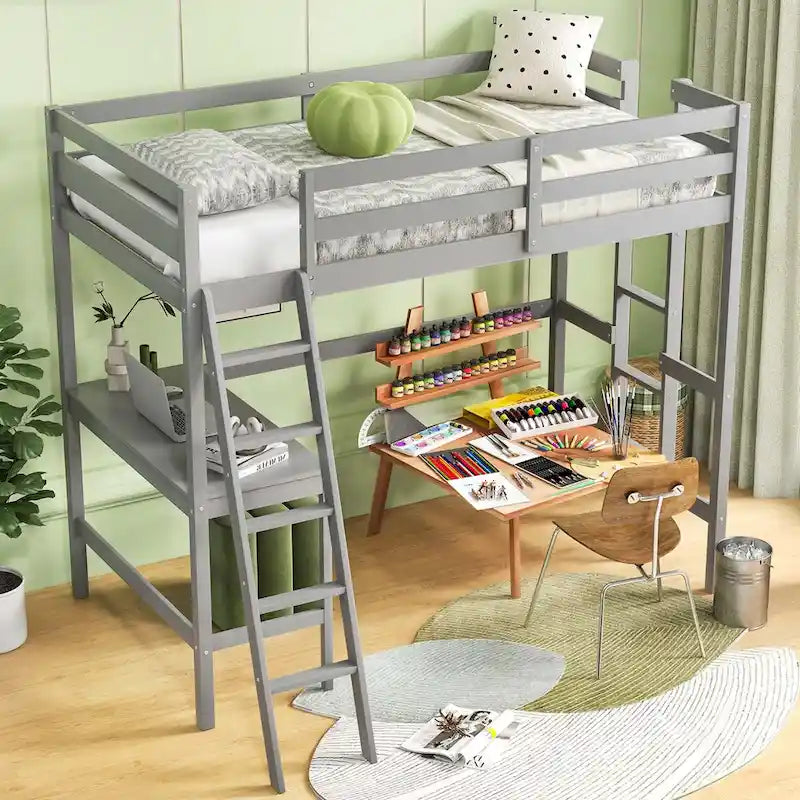 Lit mezzanine simple avec bureau et étagère, 2 échelles et garde-corps pour