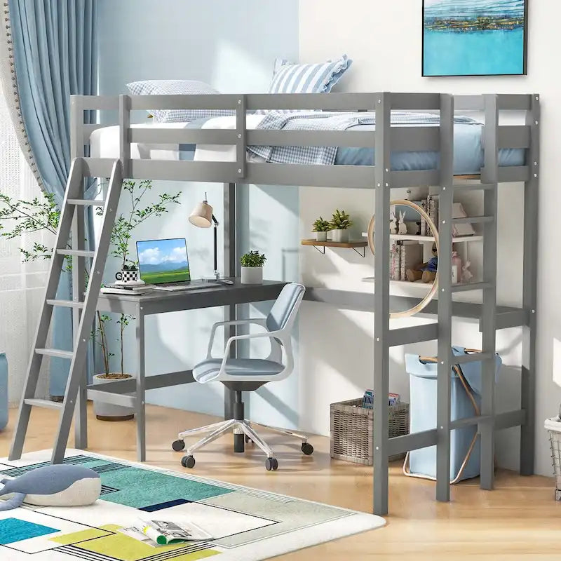 Lit mezzanine simple avec bureau et étagère, 2 échelles et garde-corps pour