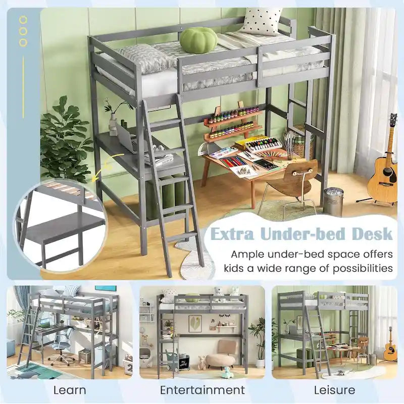 Lit mezzanine simple avec bureau et étagère, 2 échelles et garde-corps pour