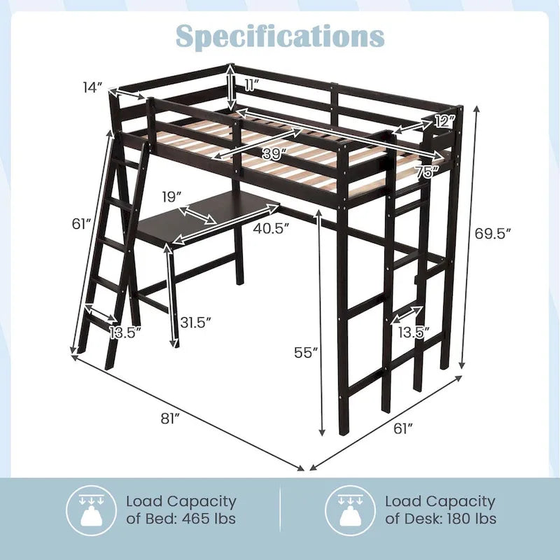 Lit mezzanine simple avec bureau et étagère, 2 échelles et garde-corps pour
