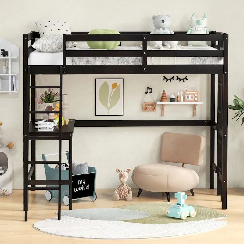 Lit mezzanine simple avec bureau et étagère, 2 échelles et garde-corps pour