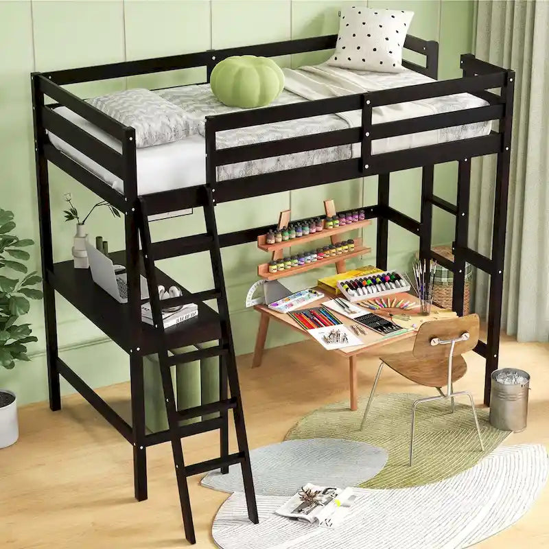 Lit mezzanine simple avec bureau et étagère, 2 échelles et garde-corps pour