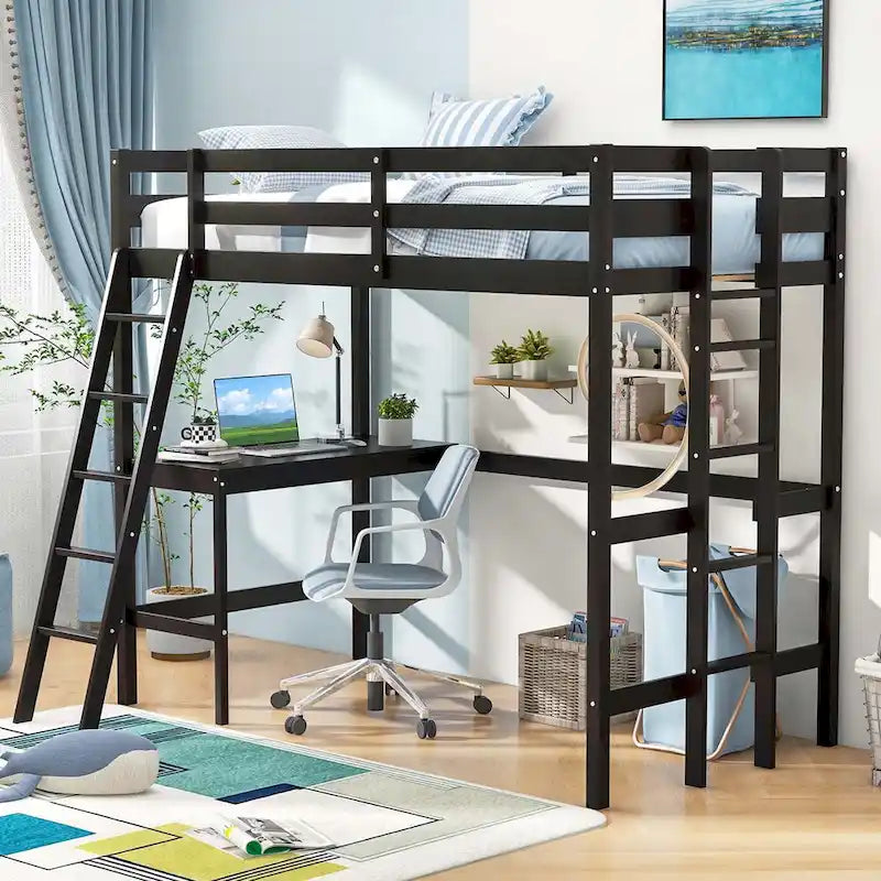 Lit mezzanine simple avec bureau et étagère, 2 échelles et garde-corps pour