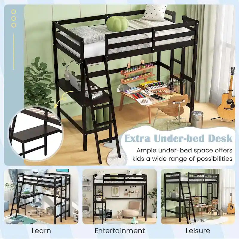 Lit mezzanine simple avec bureau et étagère, 2 échelles et garde-corps pour